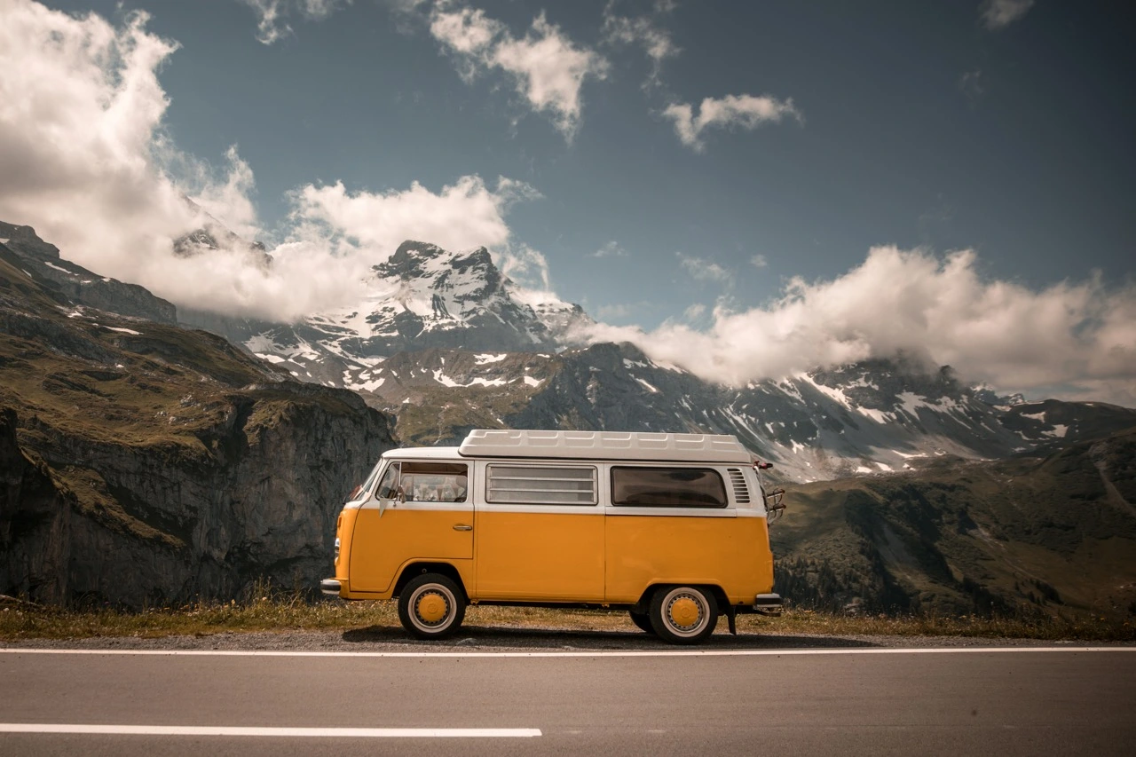 Camper van with a scenic background